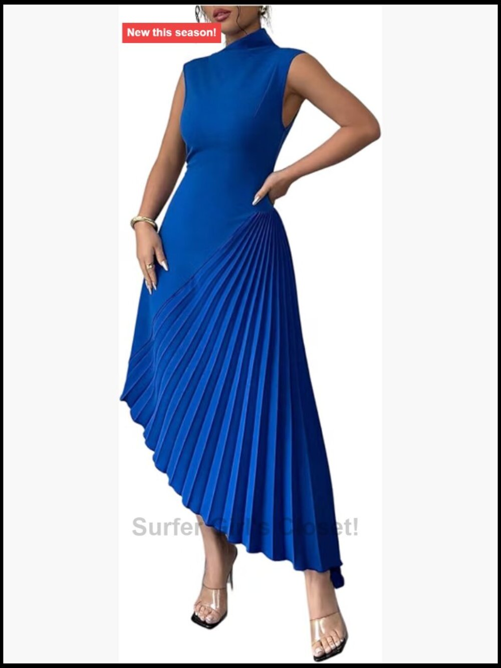 Pleated Maxi Dress Mock Neck Sleeveless A-Line Cocktail Party